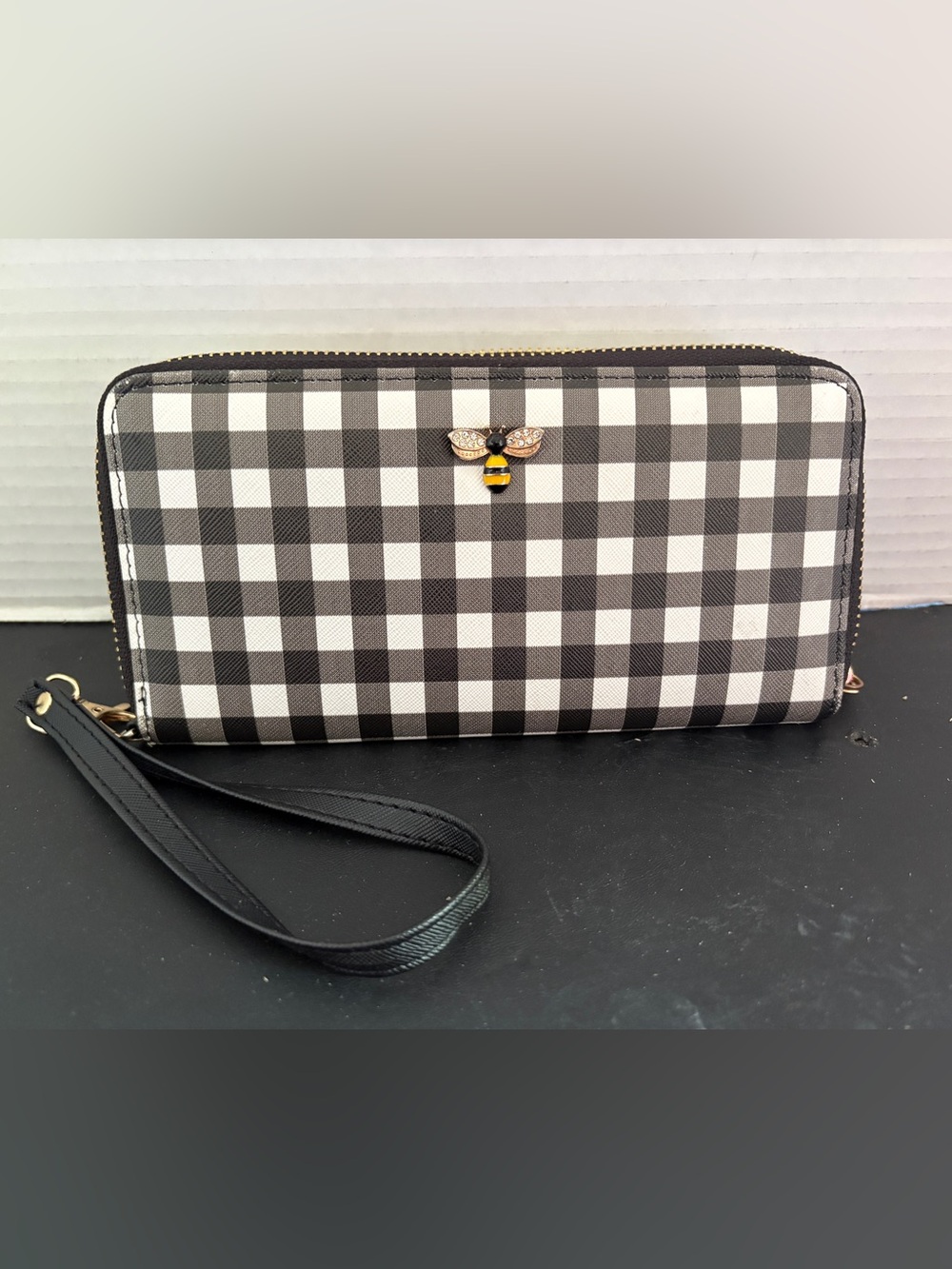 Black & White Gingham Wristlet Clutch with Bee Charm, Claires